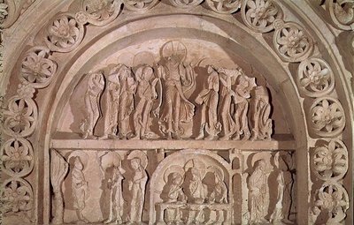 The Ascension and the Supper at Emmaus, tympanum of the left hand portal, c.1150 by French School